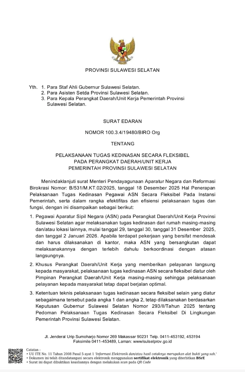 Pemprov Sulsel Atur Skema Kerja Fleksibel ASN 29 Desember 2025–2 Januari 2026