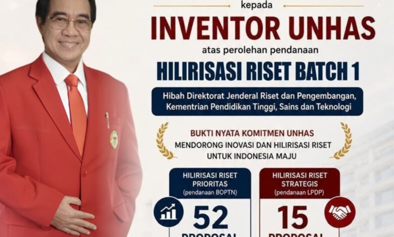 Unhas Raih Pendanaan Hilirisasi Riset Rp31,3 Miliar, Dukung 67 Inovasi Siap Diakselerasi ke Industri